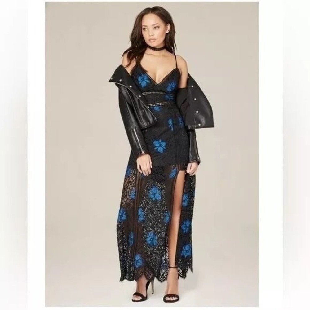 Bebe Mandy Lace Maxi Dress‎ Women's 4 Black Blue Embroidered Floral Gothic Gown